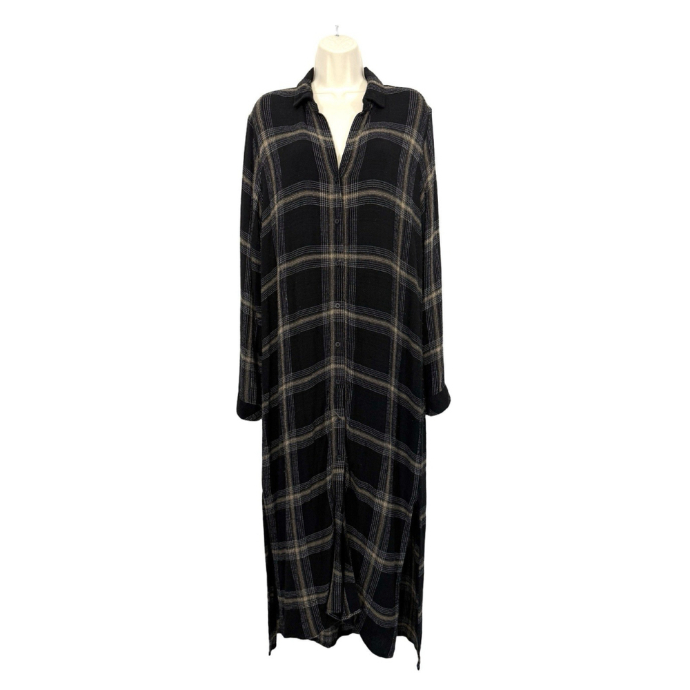 Cloth & Stone Plaid Maxi Shirt Dress Large Hi Low Stretch Boho Academia Stretch - Picture 3 of 15